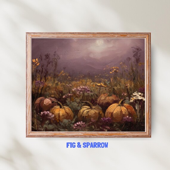 Vintage Pumpkin Field Print Rustic Autumn Landscape Farmhouse Wall Art