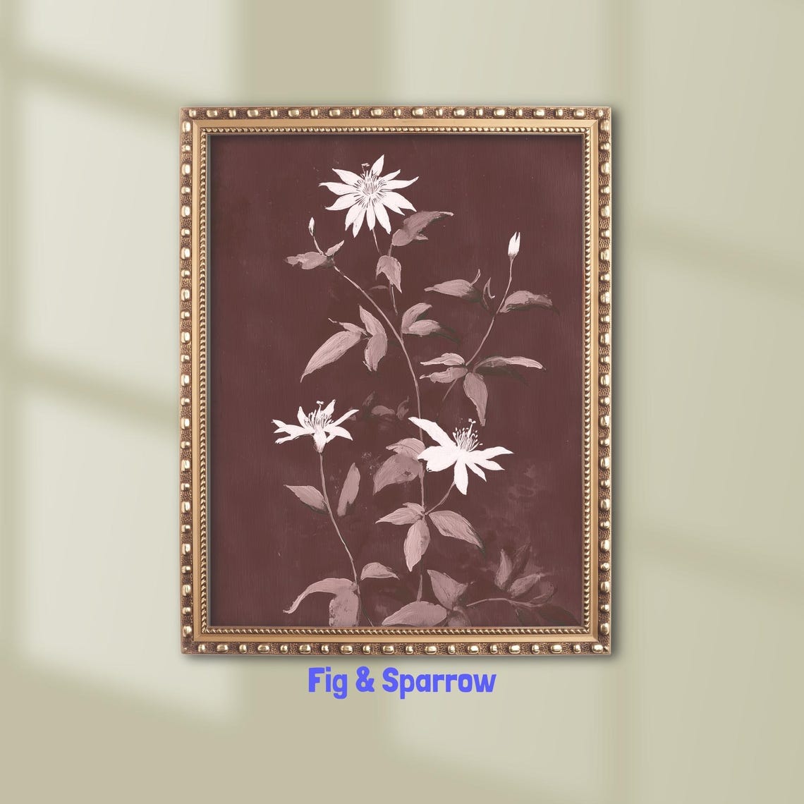 White Flowers On Burgundy Botanical Art Moody Floral Decor Poster