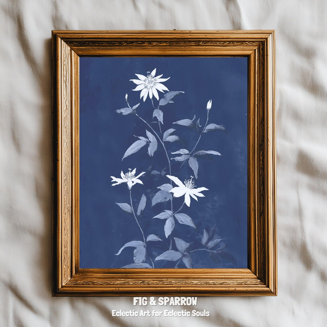 Navy Botanical Flower Print Moody Blue Floral Wall Art Vintage Nature Decor