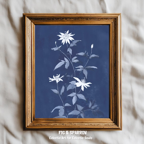 Navy Botanical Flower Print Moody Blue Floral Wall Art Vintage Nature Decor