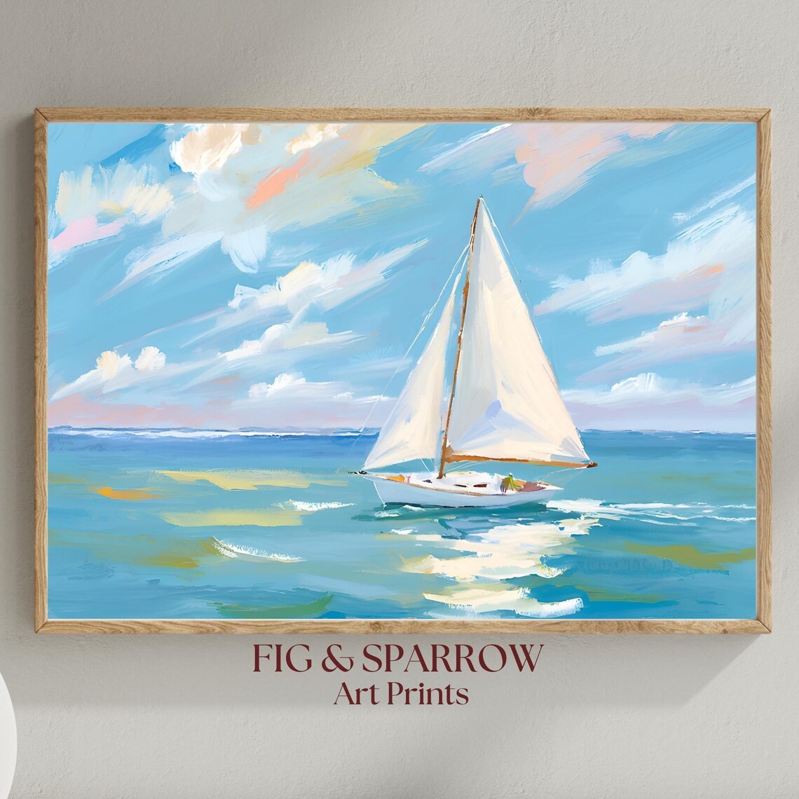 Bright Coastal Sailboat Painting White Sails Blue Sea Nautical Wall Art