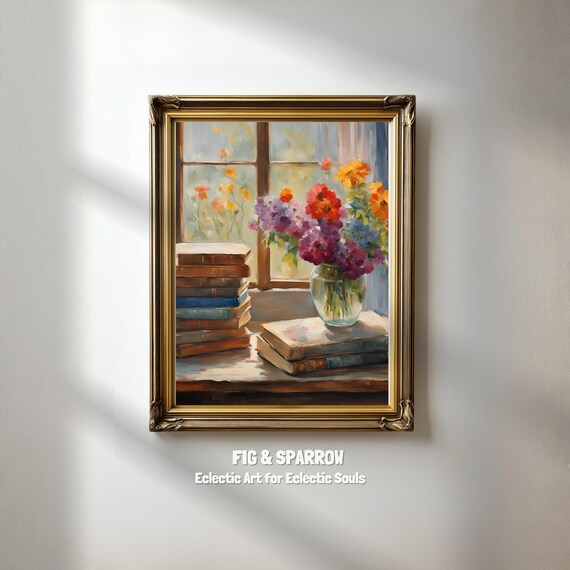 Vintage Books And Flowers, Cozy Cottage Still Life