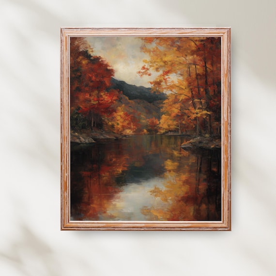 Vintage Autumn Lake Painting Rustic Cabin Wall Art