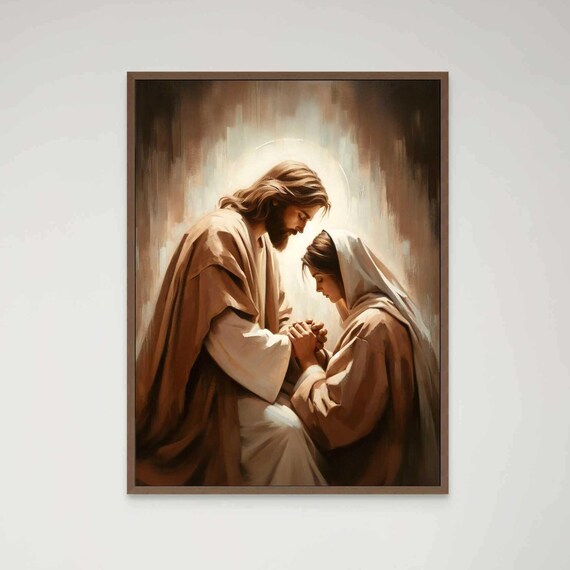 Jesus Embracing Kneeling Woman Golden Light Christian Faith Poster