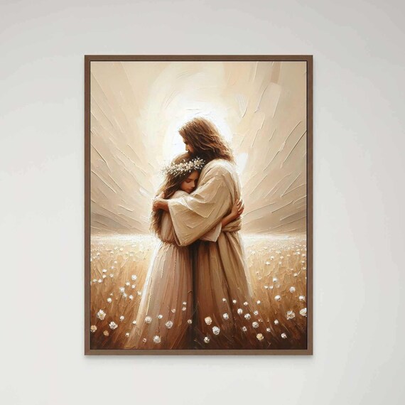 Jesus Embracing Girl With Flower Crown In Wheat Field Sky Rays Poster