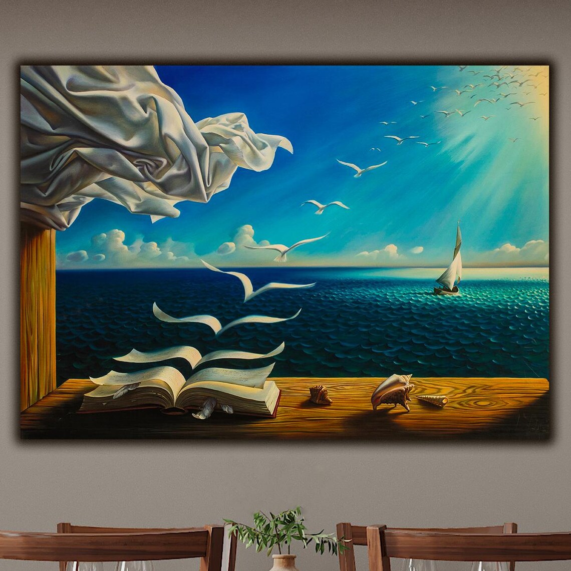 Surrealist Open Book Turning Into Birds Over The Ocean Poster