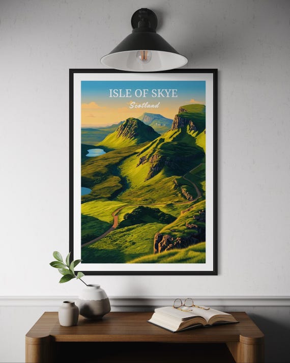 Isle Of Skye Scotland Travel Poster Quiraing Wall Art Print Nature Hike Decor Green Mountain Loch Illustration Scottish Highlands