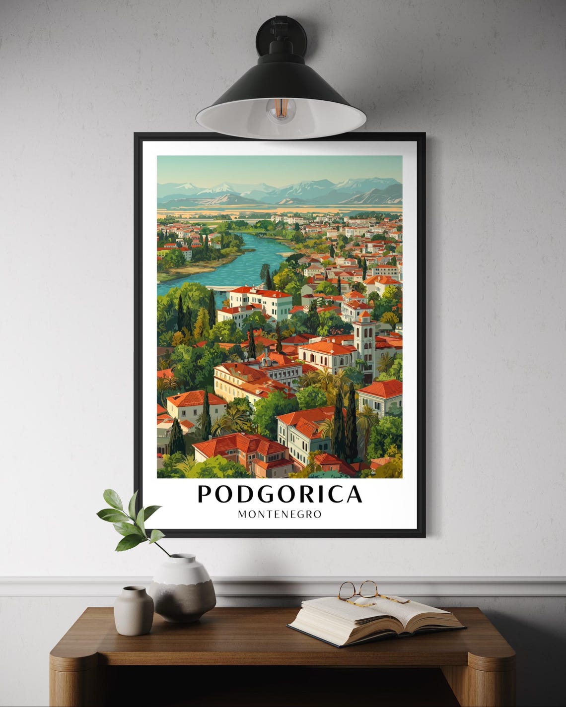 Podgorica Montenegro Travel Poster Red Roof City River Mountain View