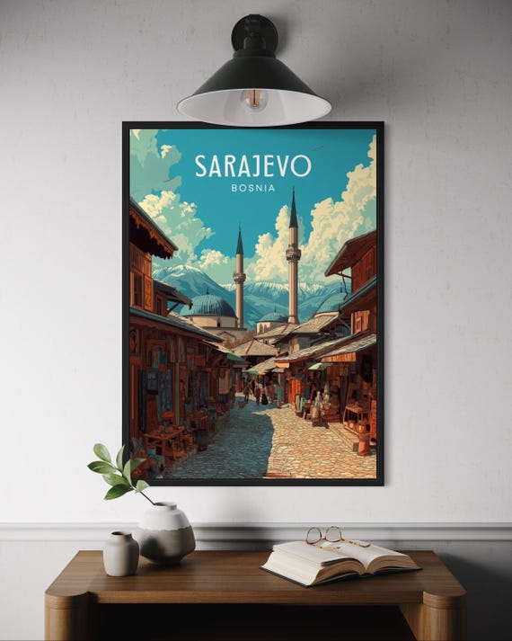 Sarajevo Bosnia Travel Poster, Historic Market Illustration