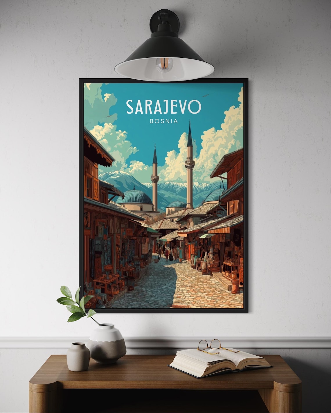 Sarajevo Bosnia Travel Poster, Historic Market Illustration