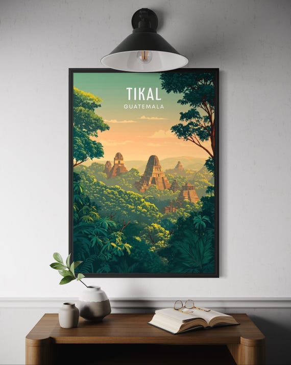 Tikal Travel Poster, Ancient Maya Ruins