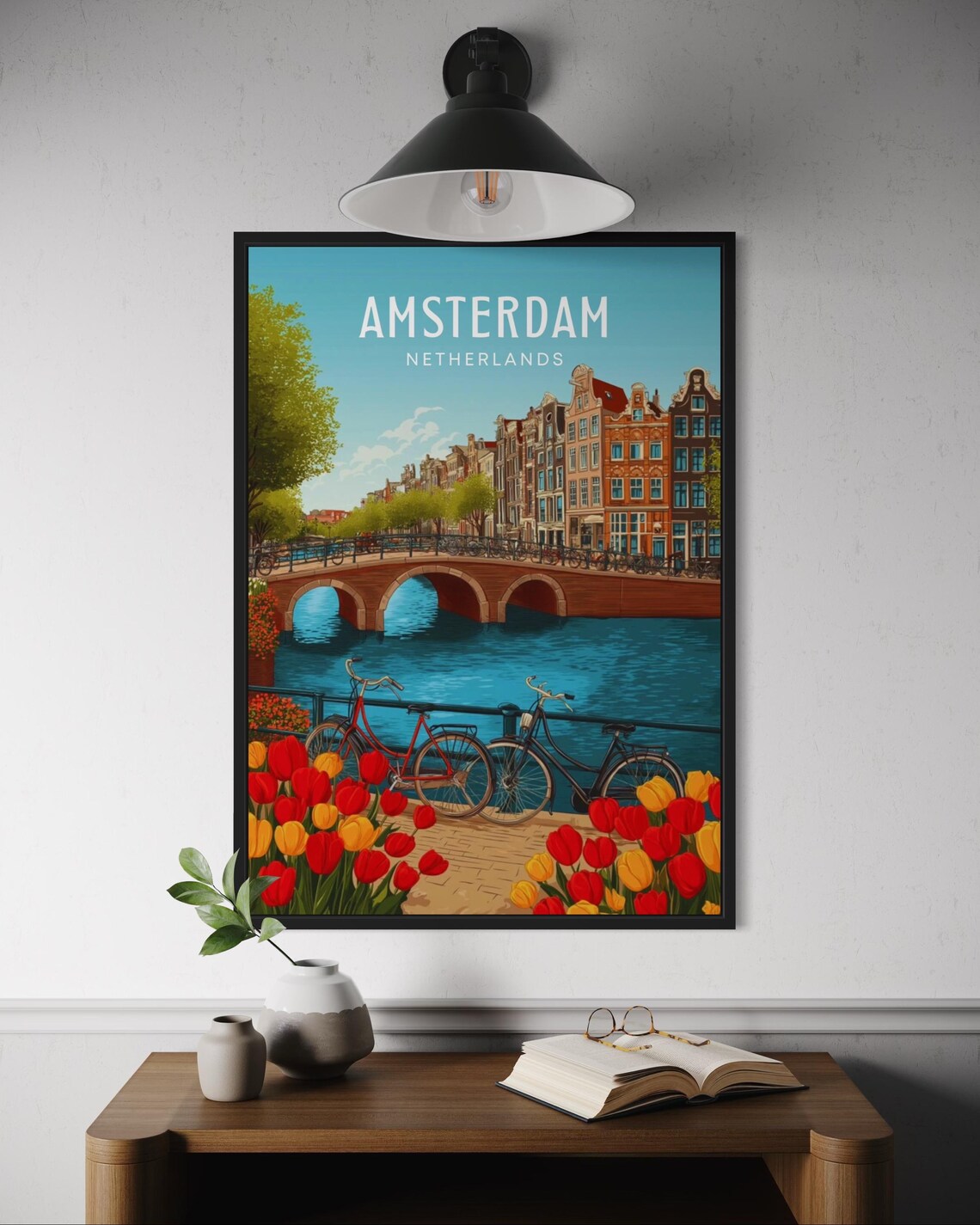Amsterdam Netherlands Canal Bikes Tulips Vintage Travel Poster