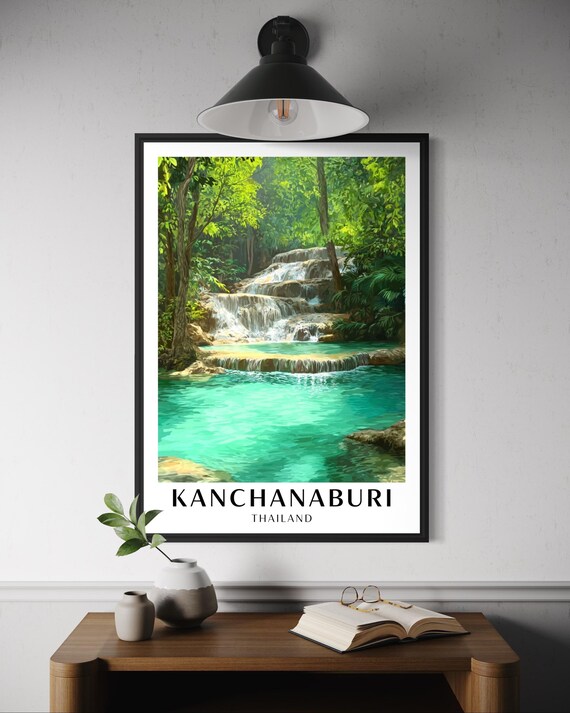 Erawan Falls Kanchanaburi Poster Thailand Waterfall National Park Tropical Travel Wall Art Scenic Nature Print Southeast Asia
