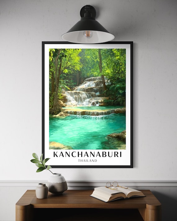 Kanchanaburi Thailand Tropical Waterfall Travel Illustration Poster