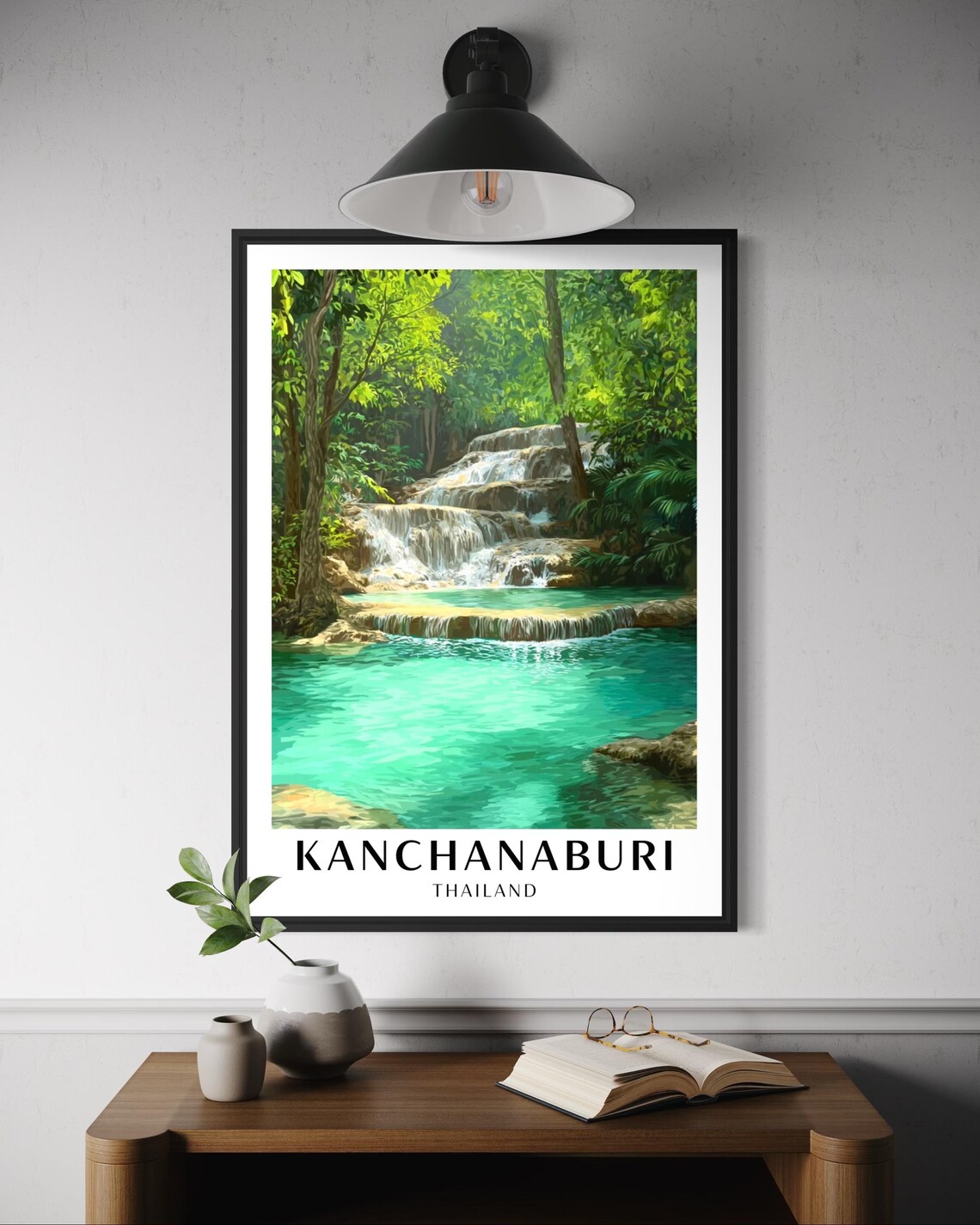 Kanchanaburi Thailand Tropical Waterfall Travel Illustration Poster