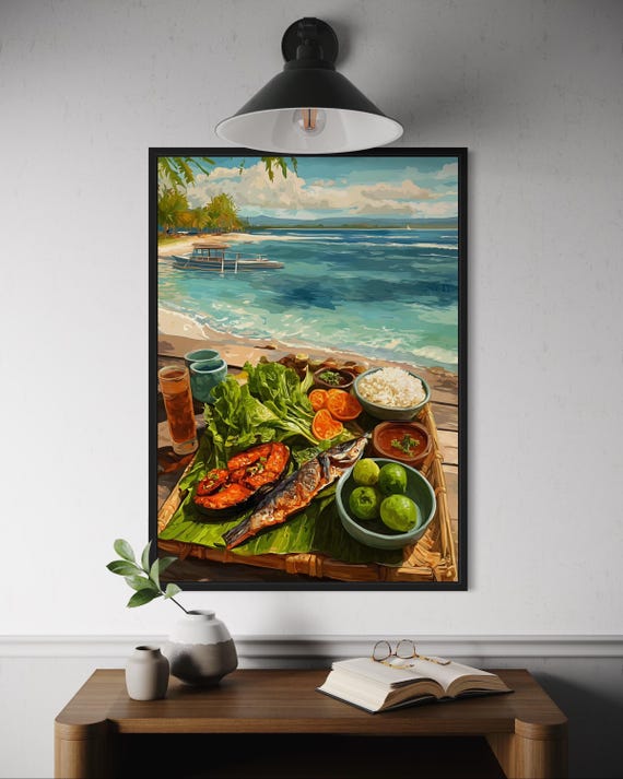Filipino Seafood Feast Poster Grilled Fish Rice Calamansi On Bamboo Table By Ocean Philippines Coastal Food Art Print Southeast Asia