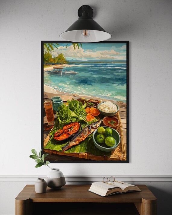 Tropical Beach Seafood Feast Grilled Fish Banana Leaf Art Poster