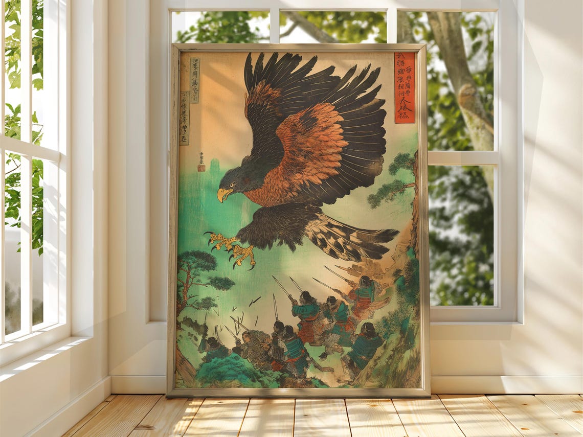 Japanese Eagle Attacking Samurai Woodblock Poster Ukiyo-e Warrior Art