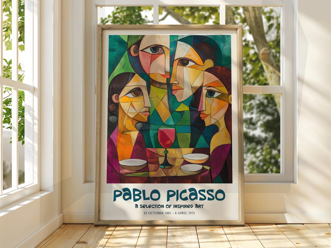 Pablo Picasso Inspired Cubist Cafe Gathering Figures Art Poster