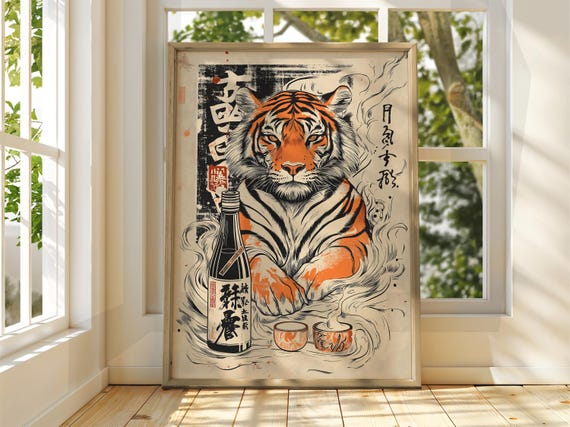 Tiger With Soju Art Vintage Japanese Wall Animal Poster Funny Print Sake Cat