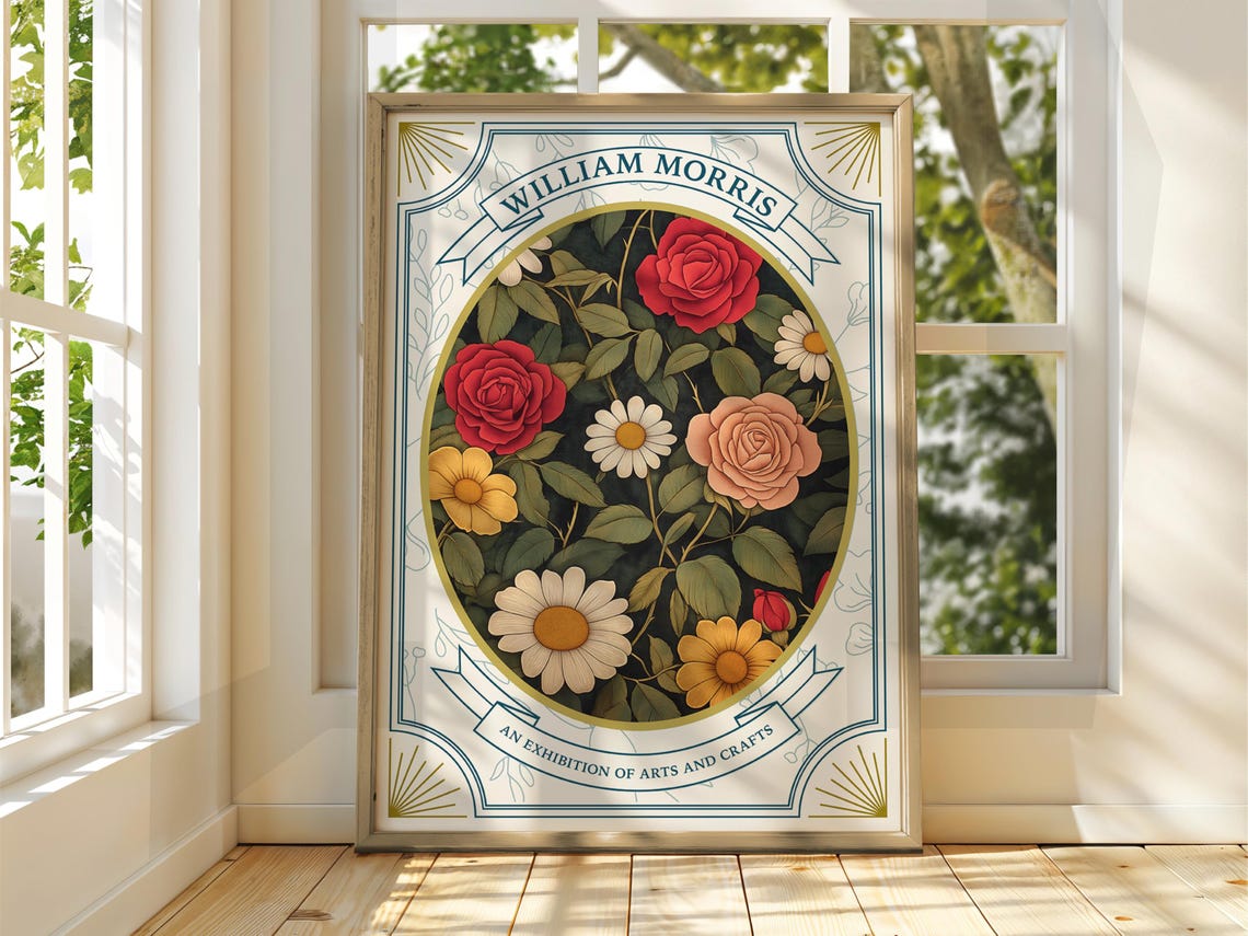 William Morris Arts And Crafts Red Rose Daisy Garden Exhibition Poster
