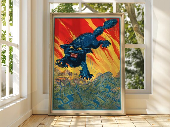 Angry Japanese Giant Cat Monster Attack Vintage Style Poster