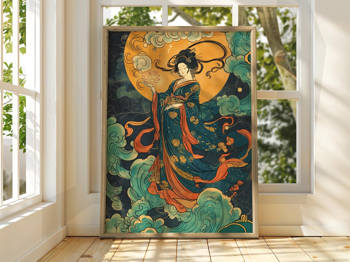 Japanese Geisha in Kimono Moonlit Ukiyoe Style Fine Art Wall Poster
