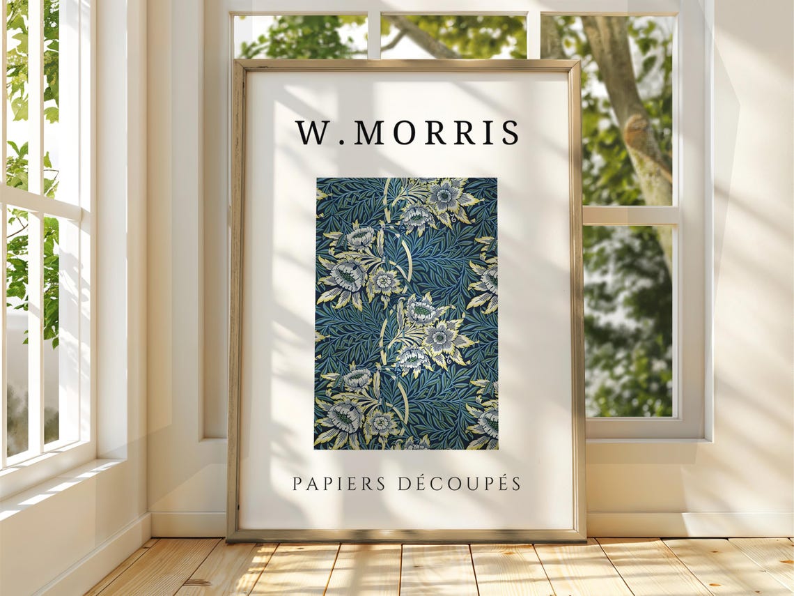 William Morris Teal Blue Floral Papiers Découpés Exhibition Poster