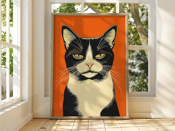 Judgemental Tuxedo Cat Unimpressed Orange Pop Art Feline Portrait Poster