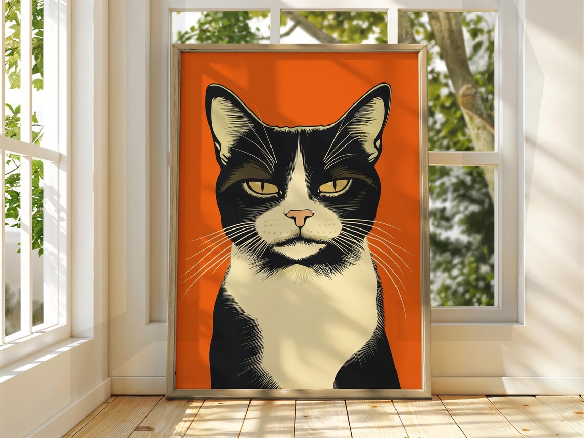 Judgemental Tuxedo Cat Unimpressed Orange Pop Art Feline Portrait Poster