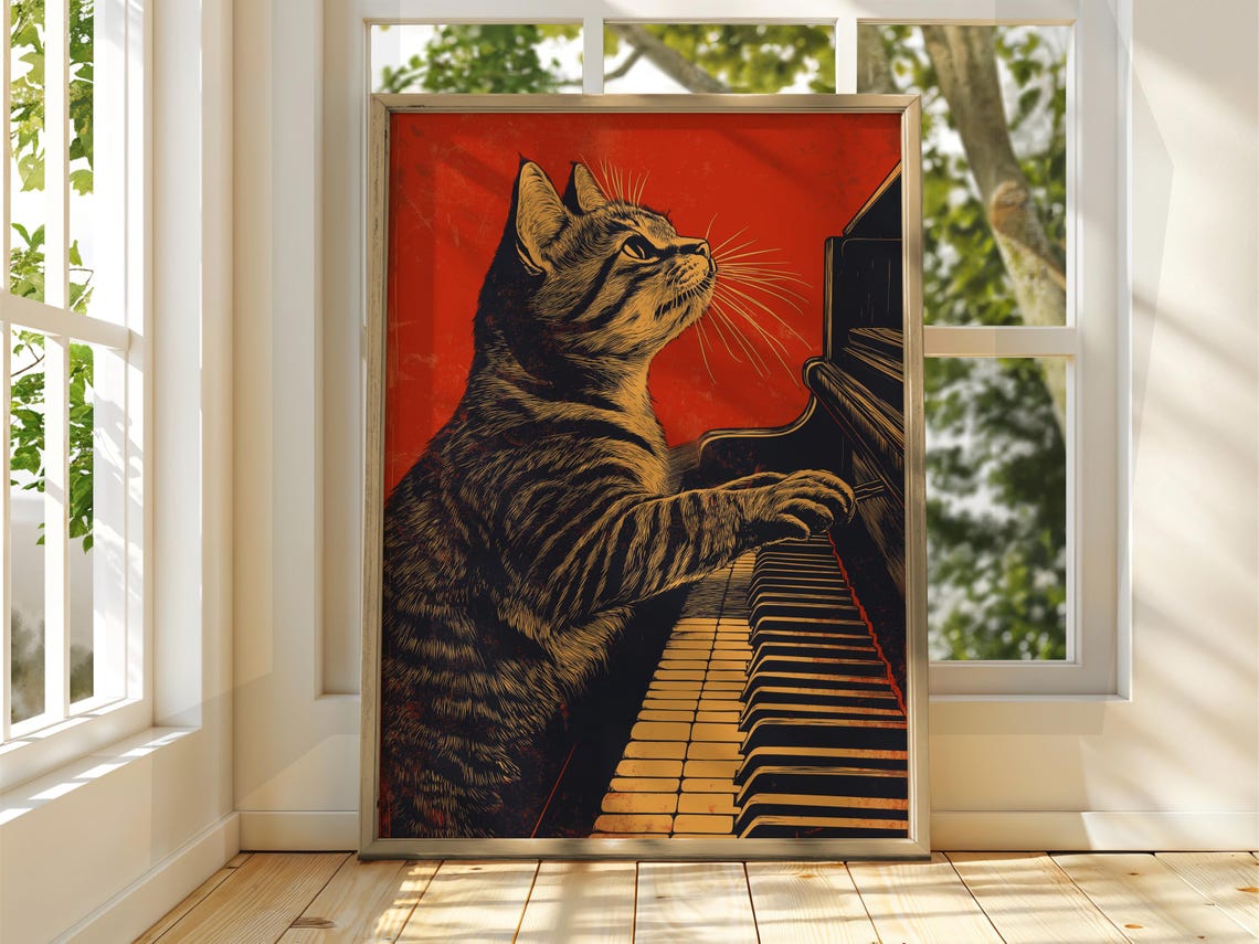 Funny Tabby Cat Playing Grand Piano Vintage Jazz Music Red Poster