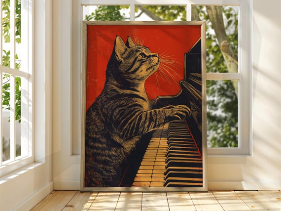 Cat With Piano Poster Wall Art Illustration Fun Animal Feline Decor Kitten Black Pet Music