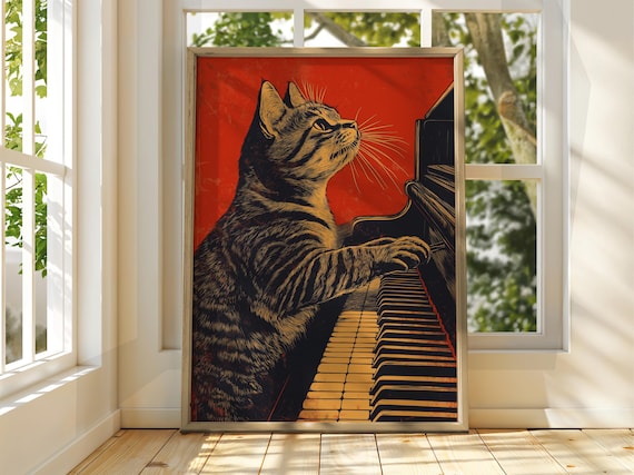 Funny Tabby Cat Playing Grand Piano Vintage Jazz Music Red Poster
