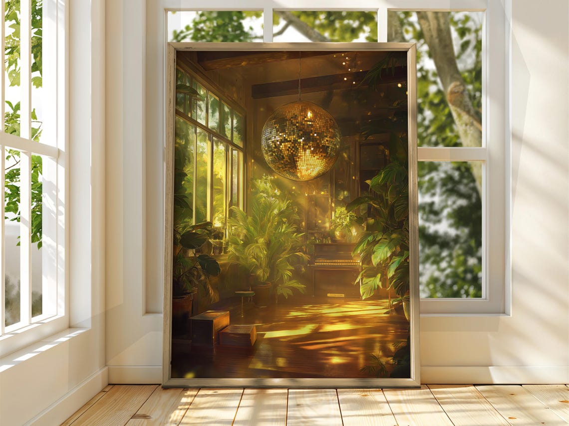 Golden Disco Ball Conservatory Poster Sunlit Plants Retro Decor Art