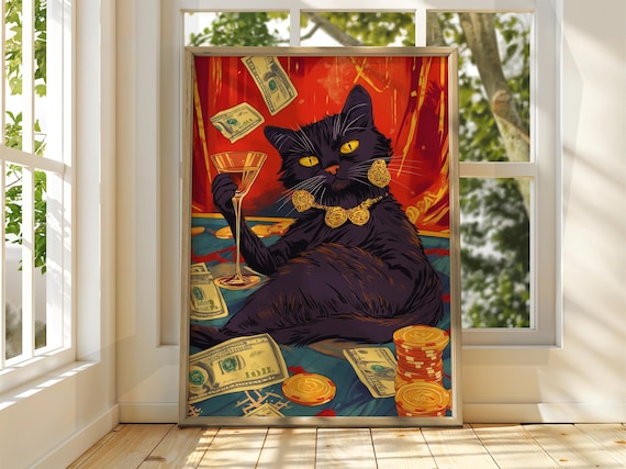 Black Cat With Martini Glass Falling Cash and Poker Chips Casino Poster