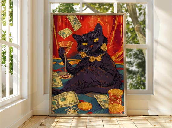 Gambling Cat Poster Wall Art Illustration Fun Animal Funny Feline Drinking Wine Prints Black