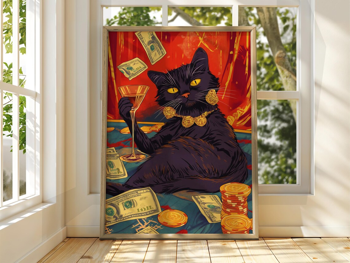 Black Cat With Martini Glass Falling Cash and Poker Chips Casino Poster