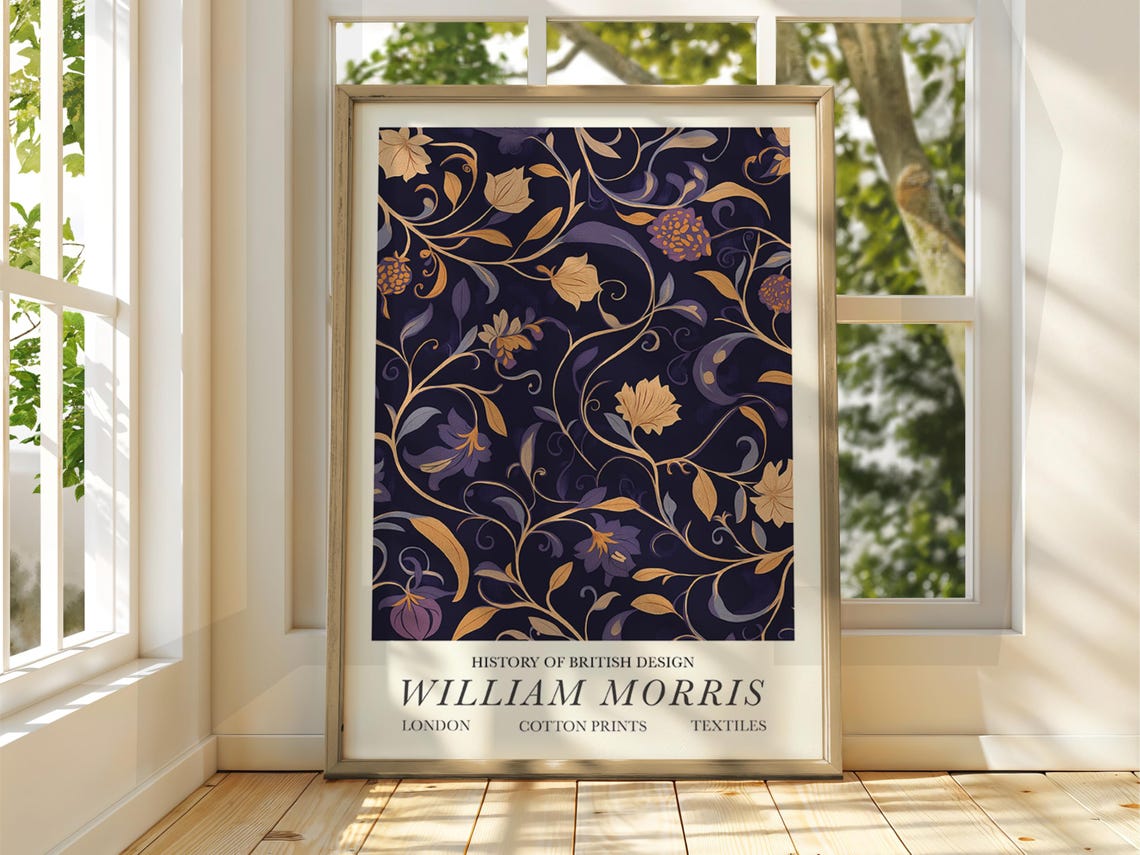 William Morris Style Purple Floral Exhibition Gallery Wall Art