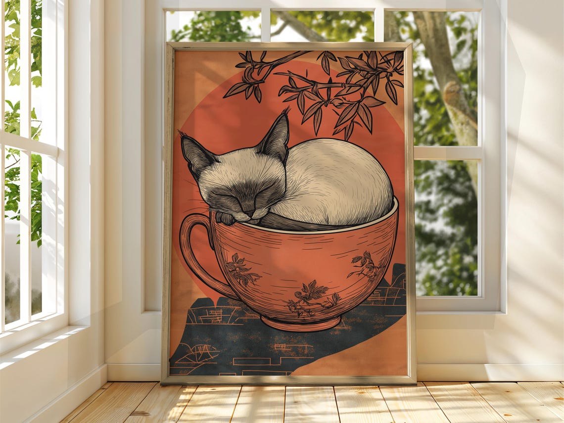 Sleeping Siamese Cat in Orange Teacup Japanese Style Cute Wall Poster