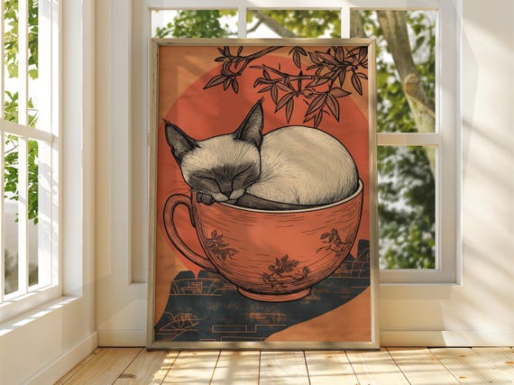 Cat With Mug Art Vintage Japanese Wall Animal Poster Funny Print Ramen