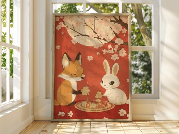 Rabbit And Fox Tea Art Vintage Japanese Wall Animal Poster Funny Print