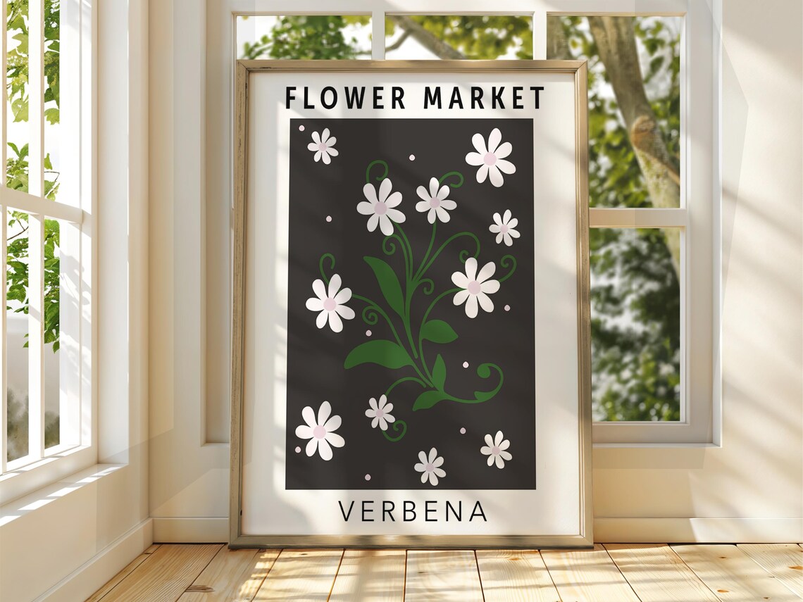 Flower Market Verbena Exhibition Poster with White Daisy Botanical Art