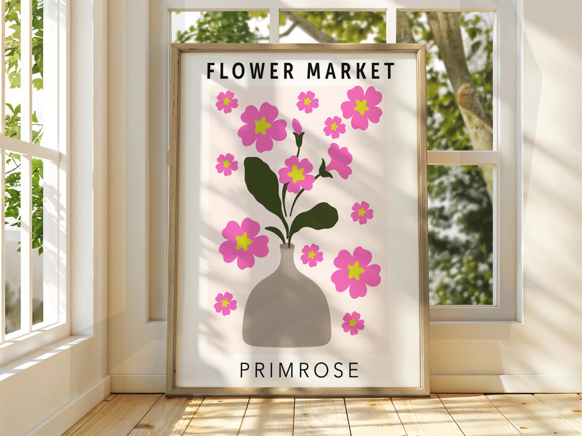 Flower Market Primrose Pink Flowers Grey Vase Botanical Art Poster