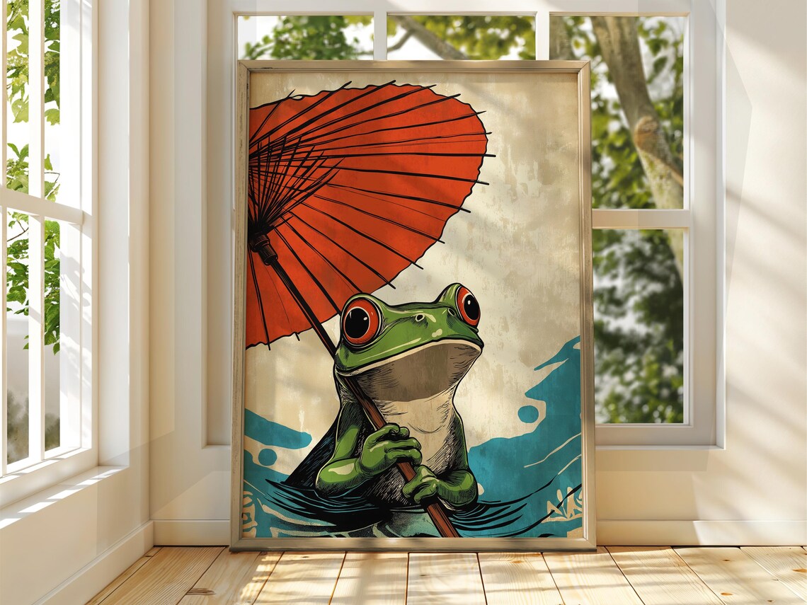 Japanese Frog Red Parasol Vintage Woodblock Art Animal Poster