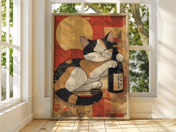 Cat With Soju Art Vintage Japanese Wall Animal Poster Funny Print Ramen