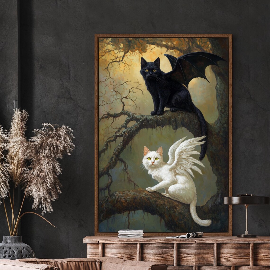 Fantasy Cat Print, Gothic Winged Cats in Forest