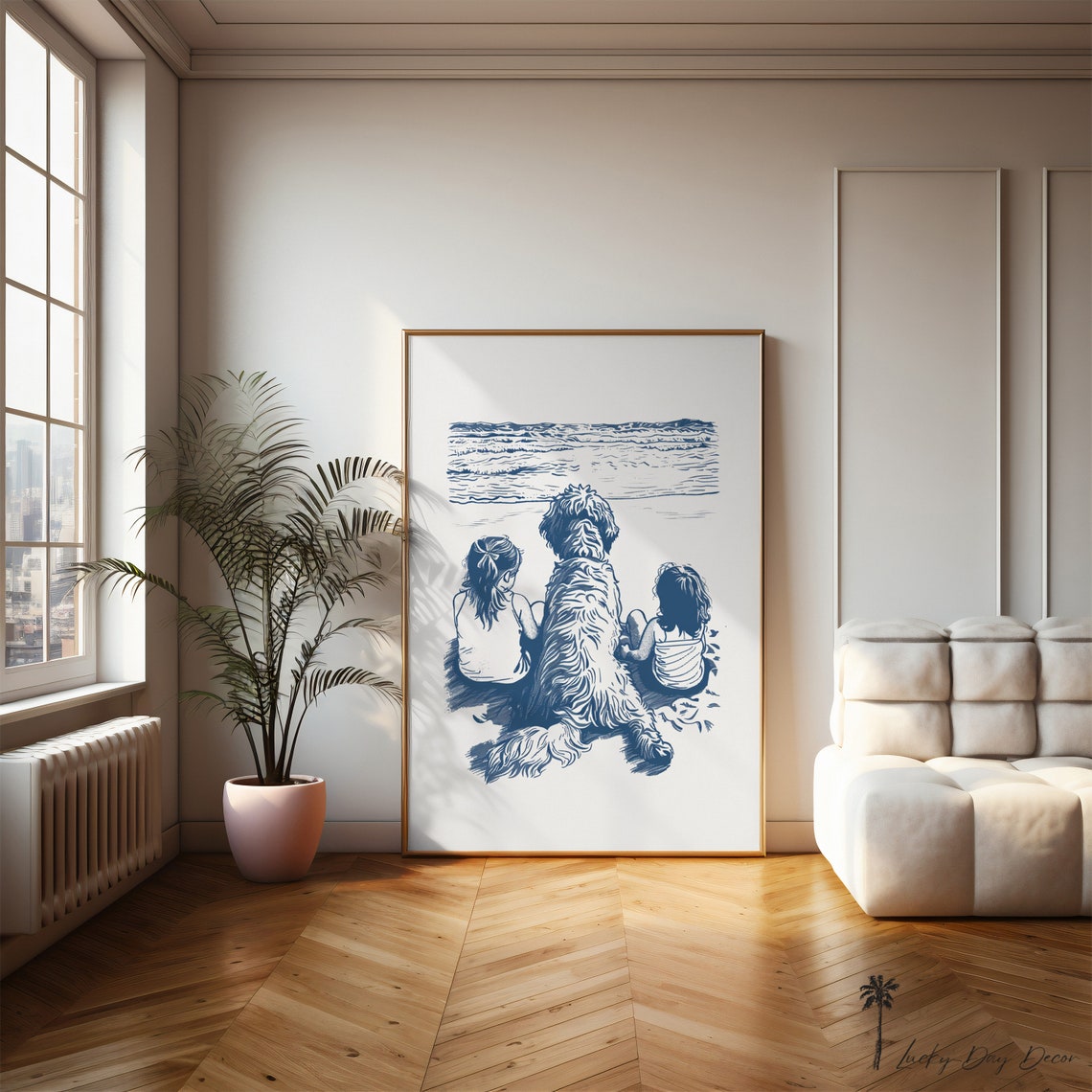 Doodle Dog With Girls At The Beach Navy Blue Coastal Sketch Poster