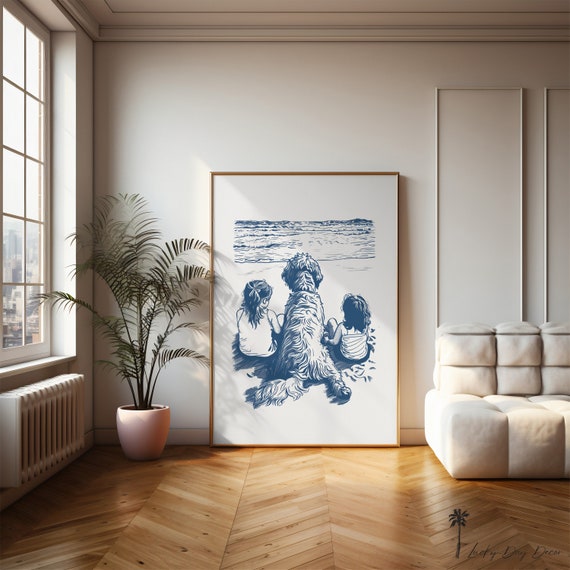Happy Beach Doodle Laying With Girls Vintage Coastal Home Print Nursery Room Wall Art Adorable Fun Dog Lovers Simple Navy Blue Sketch