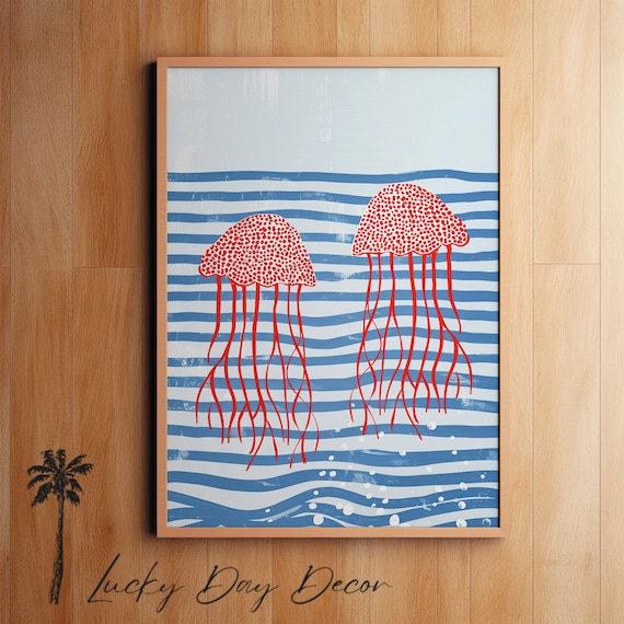 Red Jellyfish Blue Striped Sea Playful Ocean Scene Wall Poster