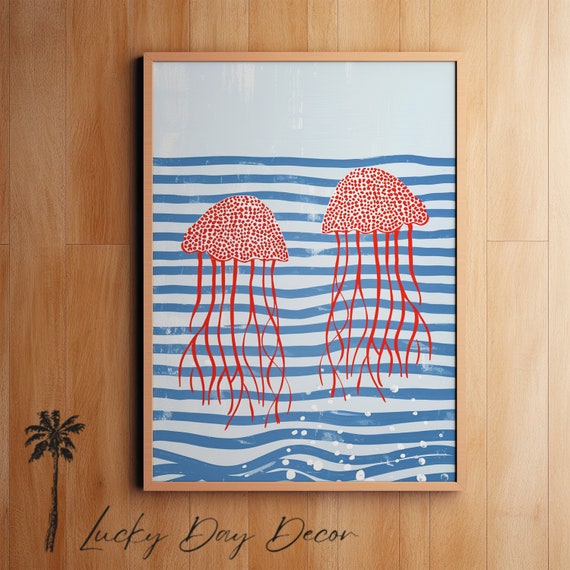 Red Jellyfish On Blue Sea Life Decor Bathroom Nursery Wall Art Print Inspired Beach Ocean Minimalist Trendy